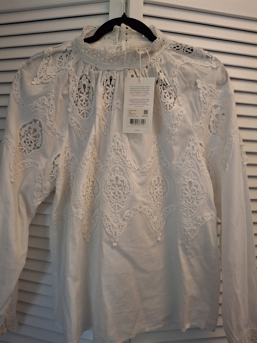 Sezane Tizio White Lace Cutwork High-Neck Blouse Sz 8 NWT
